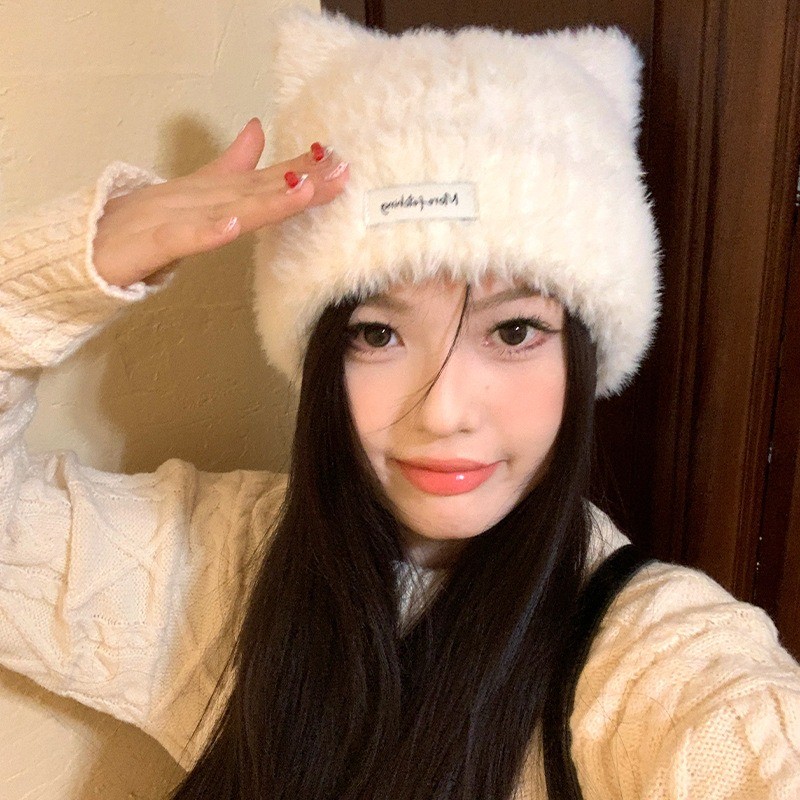 เกาหลีน่ารักหูแมวถักหมวกผู้หญิงฤดูใบไม้ร่วงฤดูหนาวที่อบอุ่นป้องกันหูตุ๊กตาหมวก