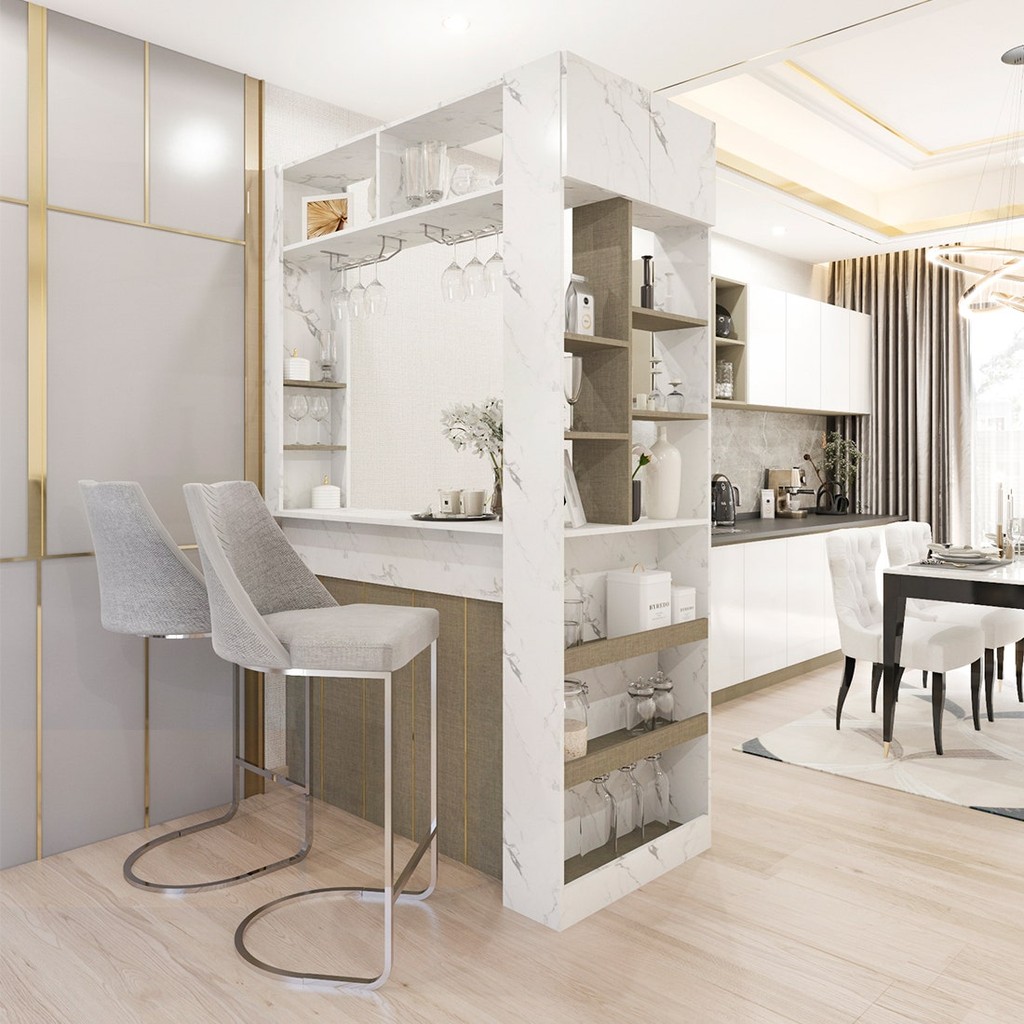 SB Design Square เคาน์เตอร์บาร์ ขนาด 140 ซม. รุ่น Lana สีขาวลายหิน (ชั้นวางฝั่งขวา) (140x70x220 ซม) แบรนด์ KUCHE