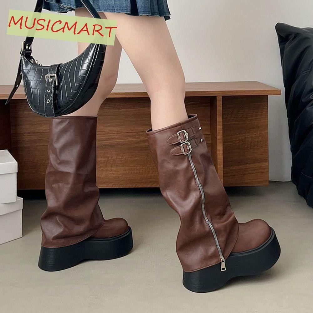 Musicmart ผู้หญิงเข่าสูง Booties,แพลตฟอร์มเข็มขัดหัวเข็มขัดผู้หญิง Biker รองเท้า,อินเทรนด์ Gladiator ออกแบบใหม่ Y2K Punk ยาวท่อ Booties สุภาพสตรี
