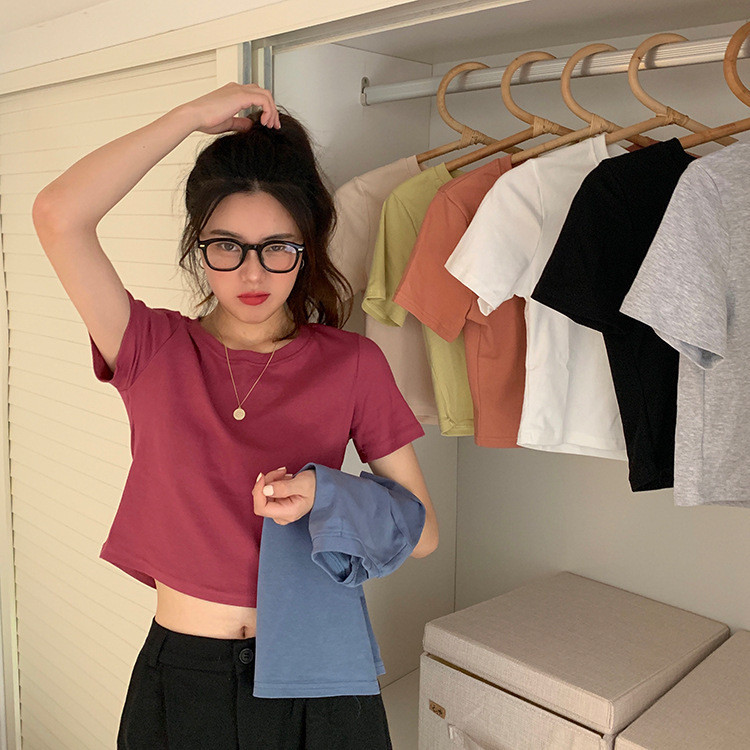 เสื้อยืดคอกลมแขนสั้นผู้หญิงสีลูกกวาดผ้าฝ้ายแท้