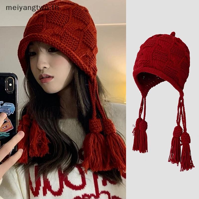 Meiyangtwo.th เกาหลีฤดูหนาวป้องกันหูหมวกผู้หญิงแฟชั่น sels Handmade ถักหมวกน่ารักสีทึบ Casual Beanie หมวกใหม่