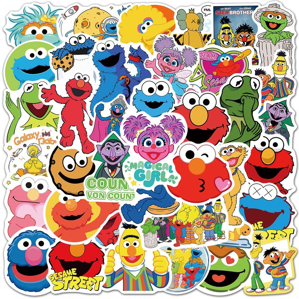 Y&P| ชุดสติ๊กเกอร์ Sesame Street ชุดสติ๊กเกอร์กราฟิตี้กันน้ำลายการ์ตูน, 50 แผ่น/ชุด