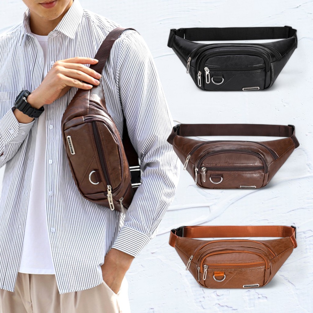 (W12)กระเป๋าคาดอกผู้ชาย งานหนังเงางาม 4ซิป มีห่วงแขวนของให้ด้านหน้า