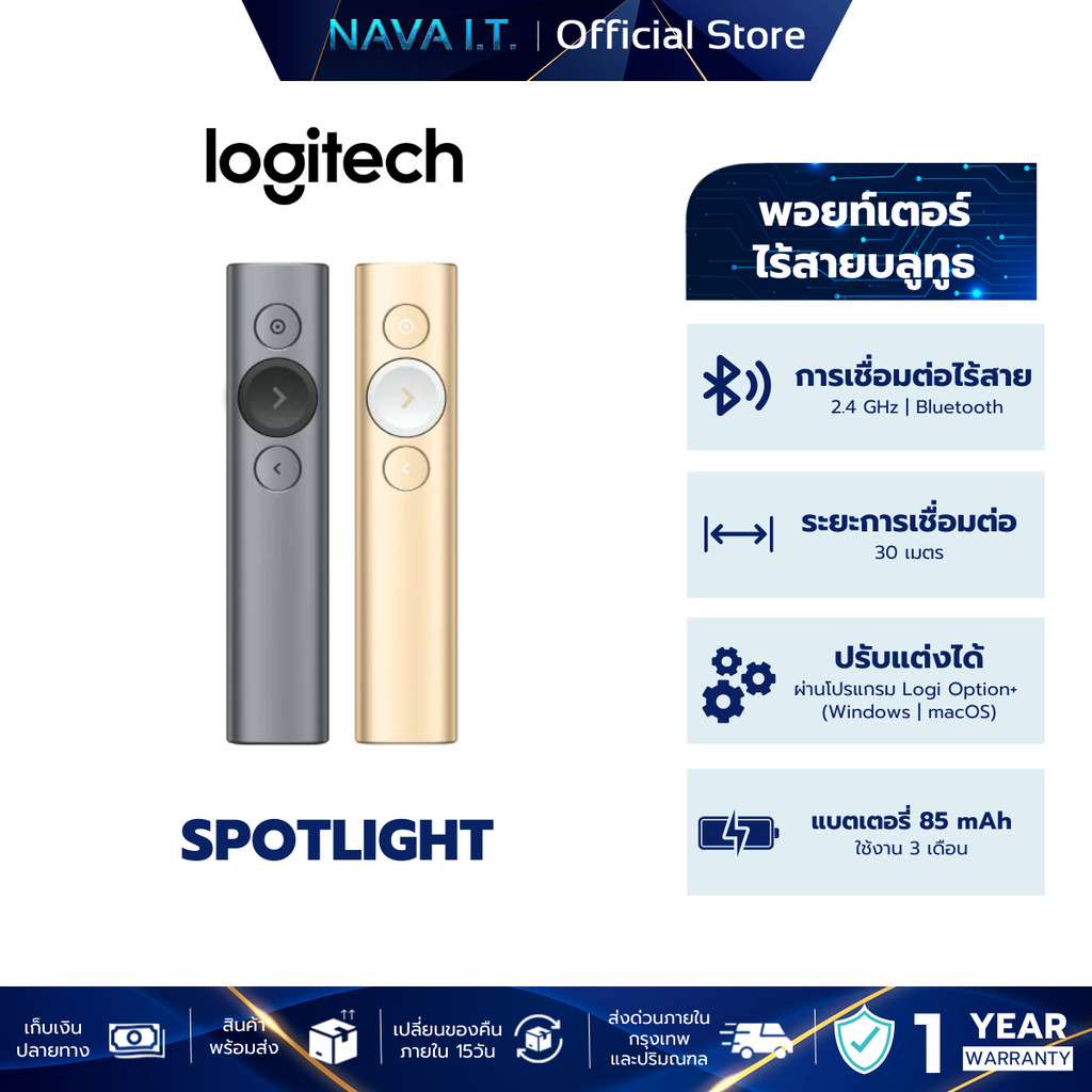 LOGITECH SPOTLIGHT PRESENTATION REMOTE รีโมทเลเซอร์พอยเตอร์นวงกลม ซูมหน้าจอตำแหน่งที่เลือกได้ แสงสีแดง