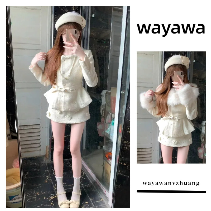 เสื้อโค้ทสีทองสองชิ้นปกขนสัตว์เก็บเอวกระโปรงครึ่งความยาวเฉียนฉีตงสไตล์ใหม่ผ้าวูลหรูหราสไตล์ฝรั่งเศส4fky