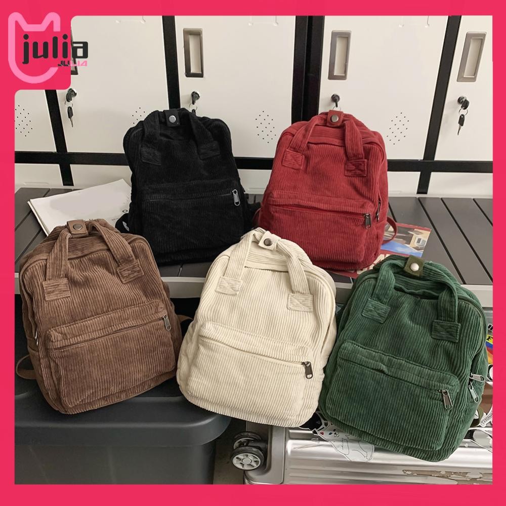 [Julia1.th] กระเป๋าถือผู้หญิงทุกวันสีทึบ Casual Knapsack Corduroy สําหรับสาววัยรุ่นเด็ก