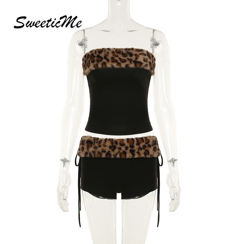 SweeticMe ผู้หญิงใหม่แฟชั่นเซ็กซี่ Street Tube Tops ต่ําเอว Slim Fit Contrast สีเสือดาวกางเกงขาสั้นชุด — صورة 6
