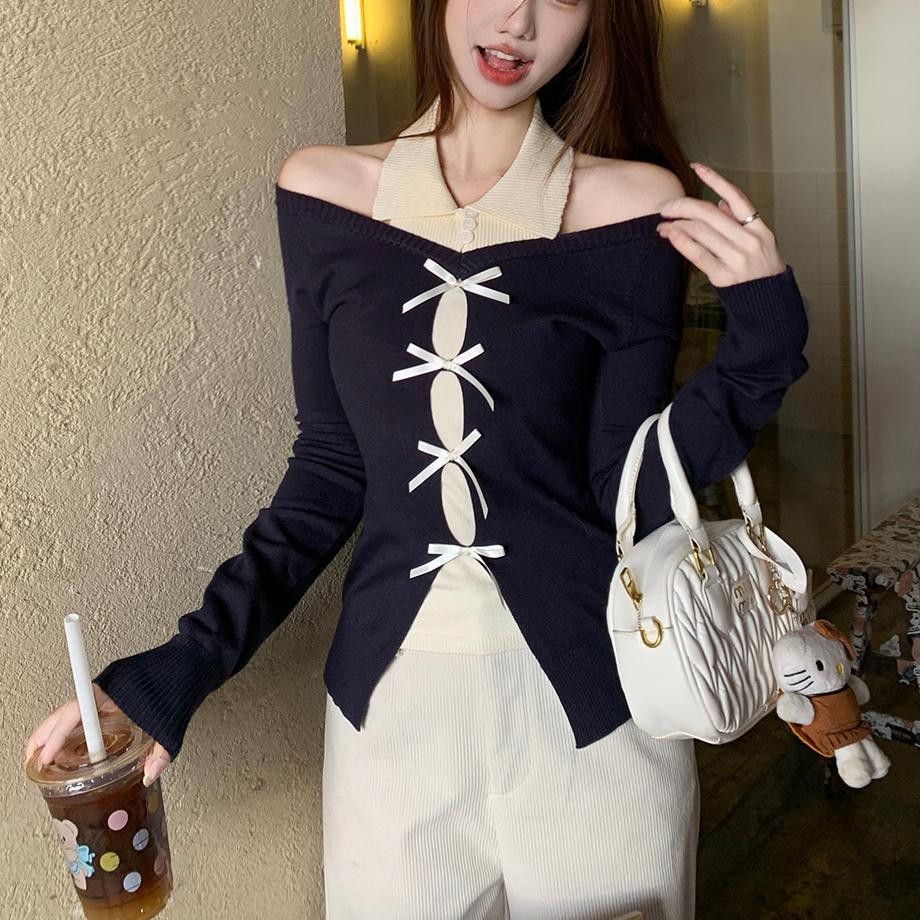 Lapel Off-The-ไหล่โบว์ตกแต่งด้านล่างแยกเสื้อยืดแขนยาวผู้หญิง