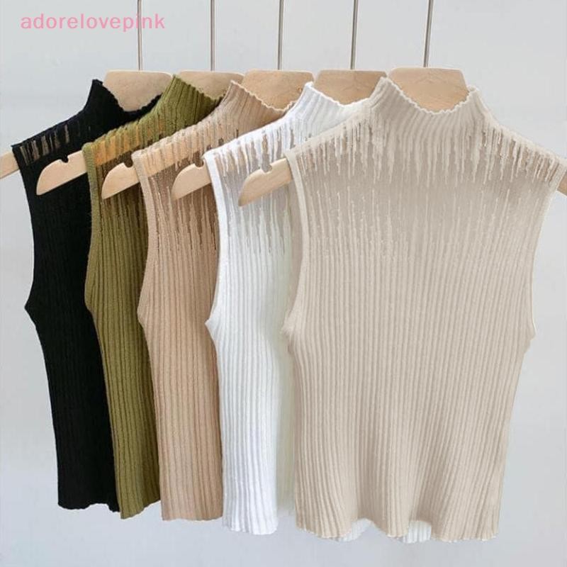 Adorelovepink ฤดูร้อนเกาหลีครึ่งคอเต่า Hollow ถักเสื้อกั๊กผู้หญิงสีทึบแขนกุด Slim Top th