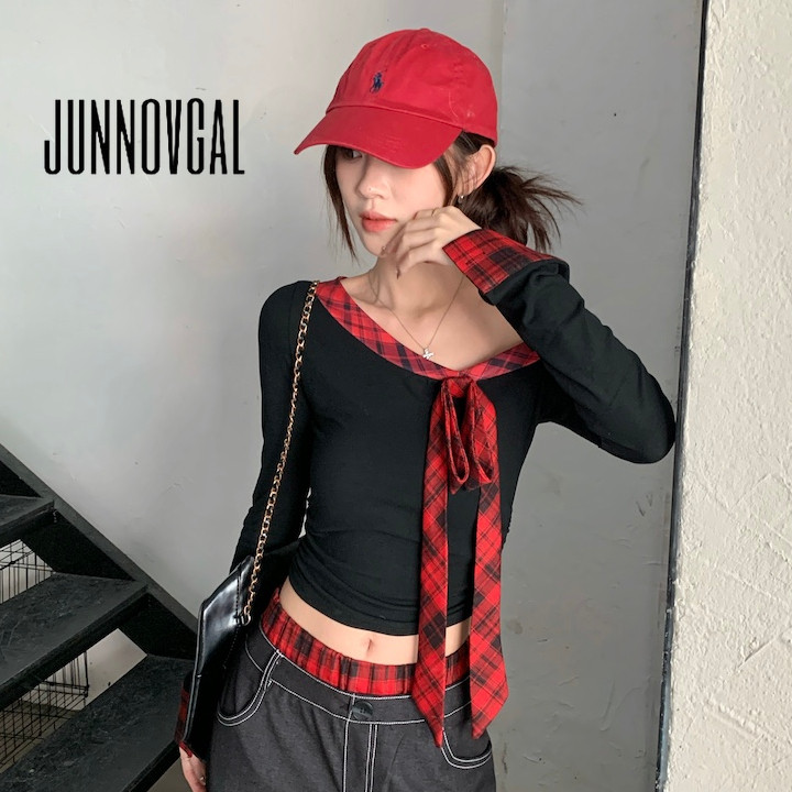 Junnovgal เสื้อยืดผู้หญิง 2024 คอไม่สมมาตรสีตัดกัน Bowknot แขนยาว