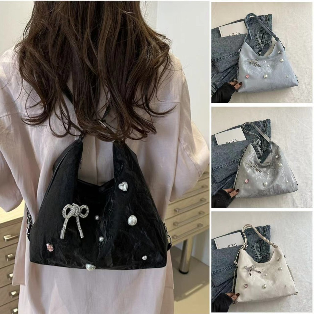 happy girl: กระเป๋าใบใหญ่สะพายข้างมีซิปด้วยมาใหม่ ติดไข่มุกน่ารักมาก SP3109