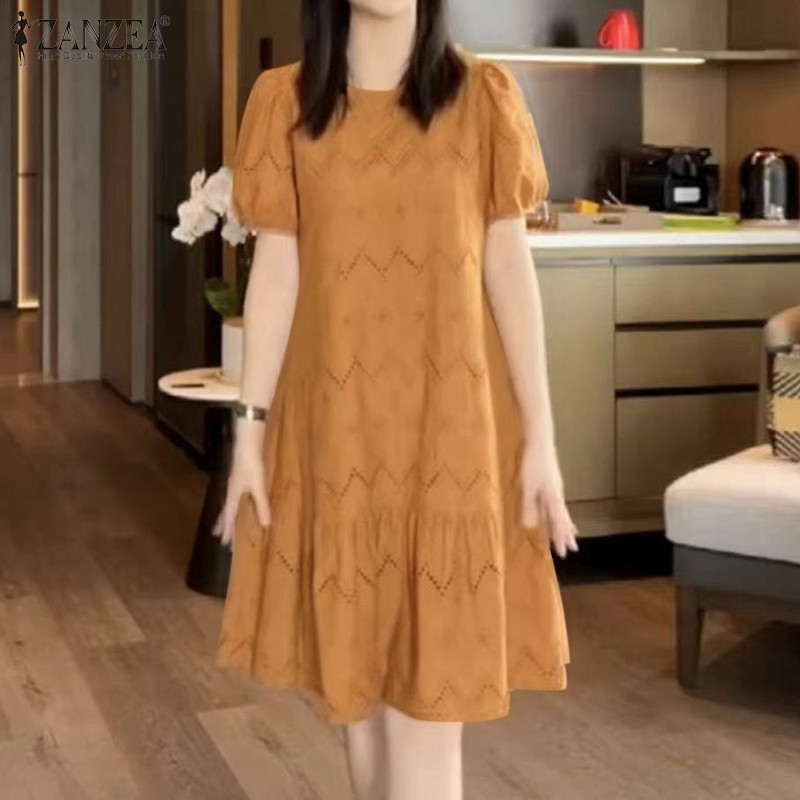 Zanzea ชุดเดรสคอกลมแขนสั้นพัฟลําลองเกาหลีสําหรับผู้หญิง — صورة 4