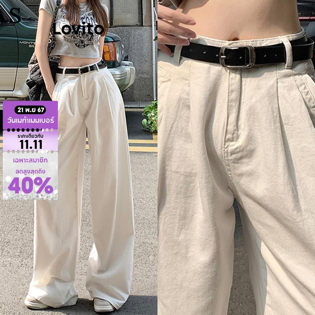 Lovito กางเกงยีนส์ผู้หญิง มีกระเป๋า สีพื้น สไตล์ลำลอง LNA68152