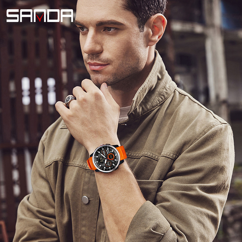 Sanda Dual Display Dial Luminous Calendar มัลติฟังก์ชั่นกลางแจ้งควอตซ์อิเล็กทรอนิกส์นาฬิกาผู้ชาย SD3379
