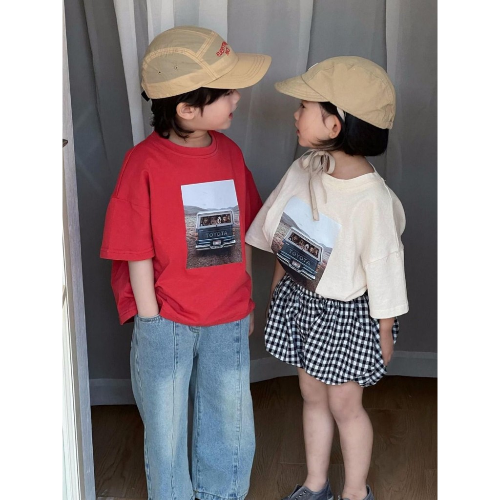 เสื้อยืดเด็ก 2024 ใหม่การ์ตูนพิมพ์ผ้าฝ้ายบราเดอร์และน้องสาวด้านบน