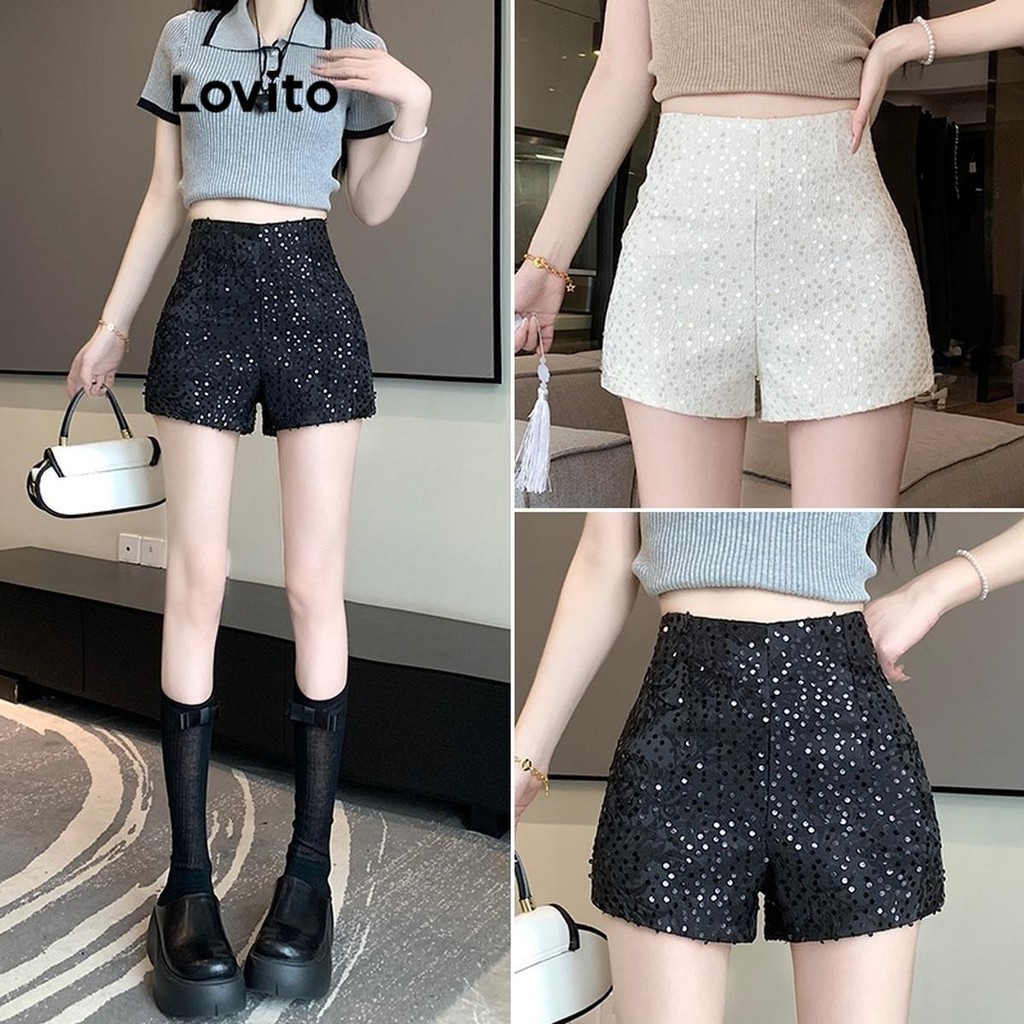 Lovito กางเกงขาสั้นผู้หญิง แต่งเลื่อม สีพื้น สไตล์ลำลอง LNE54436