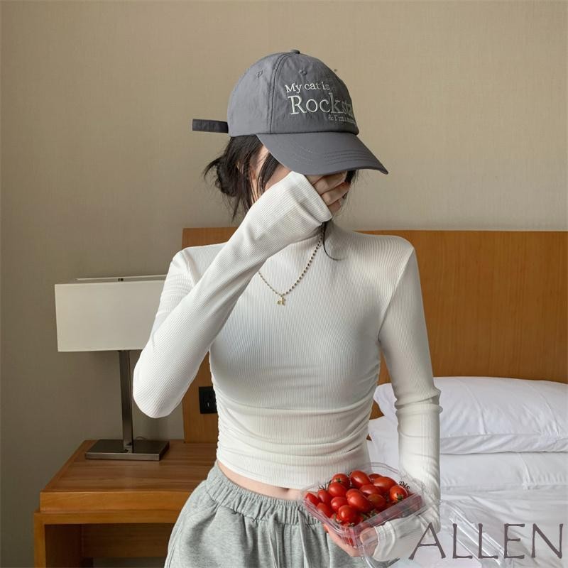 Allen-ผู้หญิงแขนยาว Crop Tops Slim สีทึบ Ruched Mock คอเสื้อกล้าม Casual Streetwear สําหรับฤดูใบไม้ผลิฤดูใบไม้ร่วง