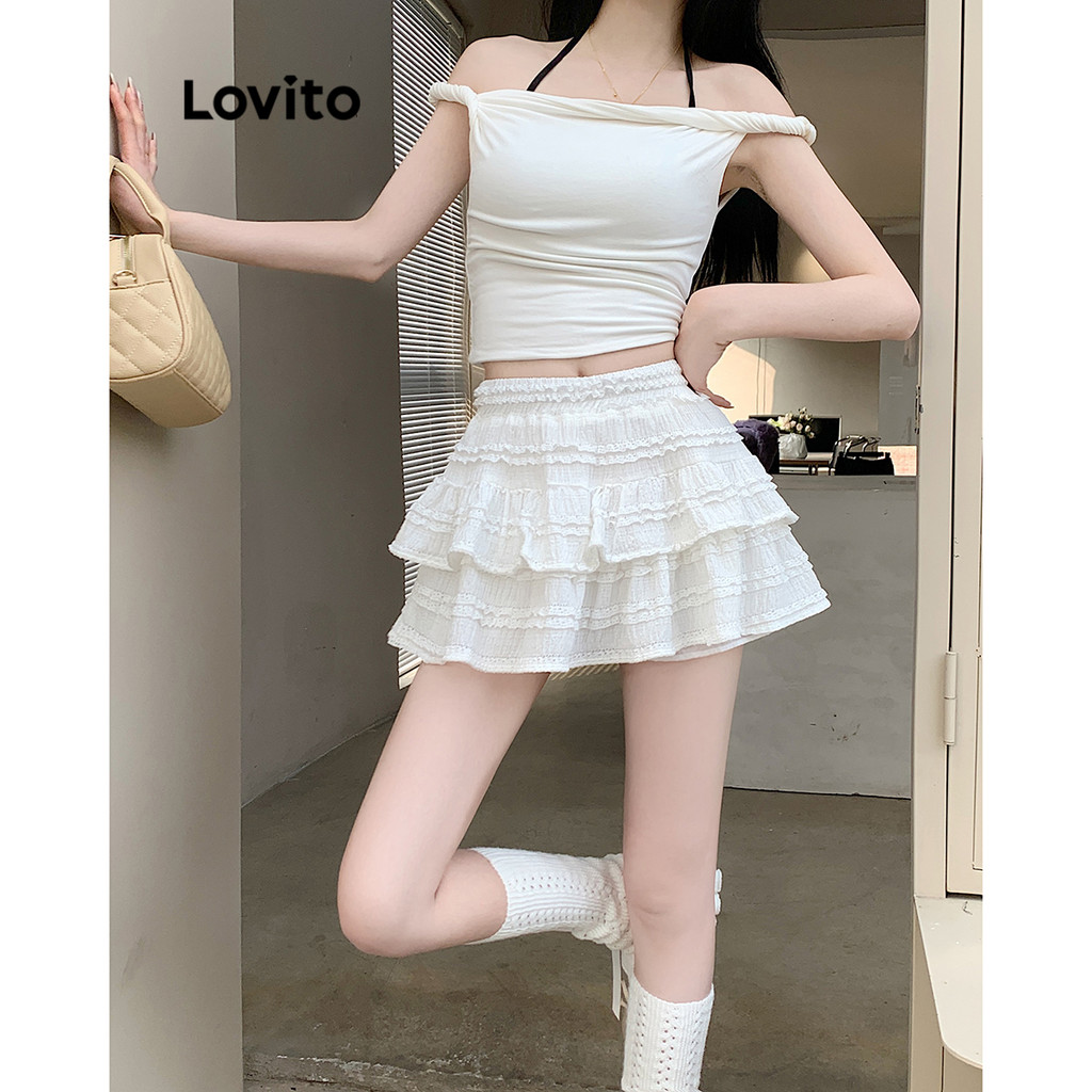 Lovito กระโปรงผู้หญิง ชายระบาย สีพื้น สไตล์ลำลอง L88AD161