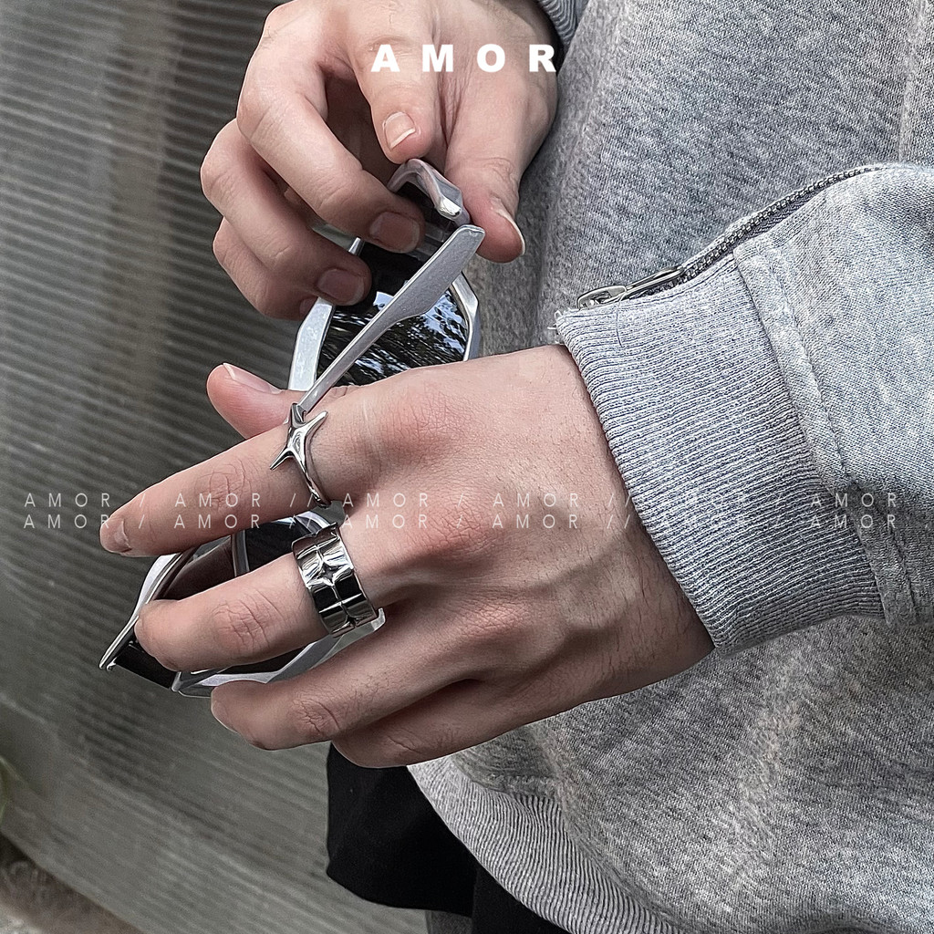 แหวนคู่คู่ดาวประกายดาว แหวนซ้อนกว้างสีเงิน