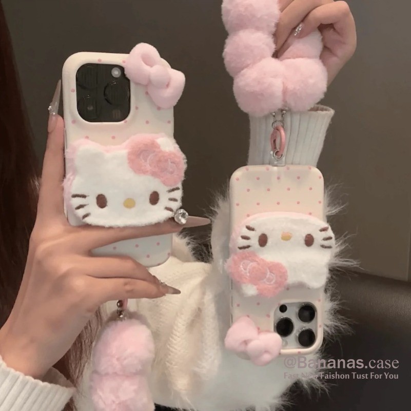 Iphone 16 15 14 13 12 11 Pro Max X Xr Xs Maxเคสโทรศัพท์InsสีชมพูฤดูหนาวPlush KT Cat + Lanyardหนังนุ่มปกหลัง