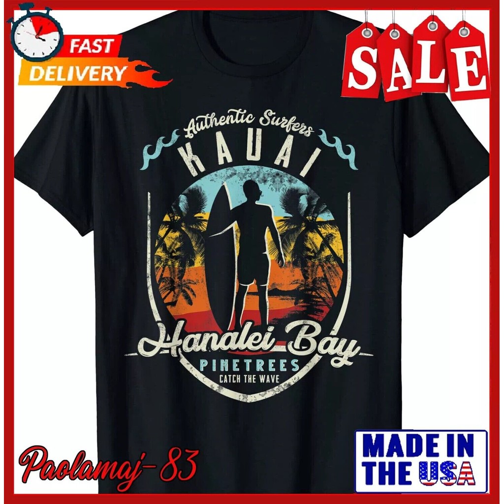 เสื้อยืดวินเทจ Retro Surfing ออกแบบสำหรับHanalei Bay Kauai Beach