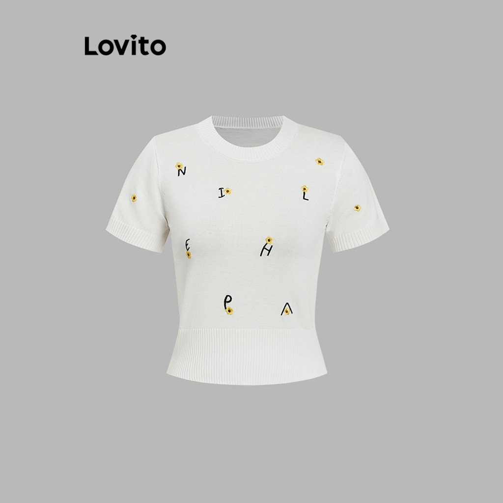 Lovito เสื้อถักลายดอกไม้ ลายเดซี่น่ารักน่ารักสำหรับผู้หญิง L106AD296