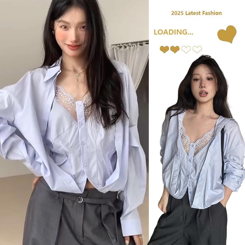 ohho เสื้อเชิ้ตแขนยาวสีฟ้าแต่งลูกไม้สองชิ้นสไตล์เกาหลี สไตล์เพียวเดส ทรงหลวม ดีไซน์เก๋ไก๋ ไม่ซ้ำใคร #w568