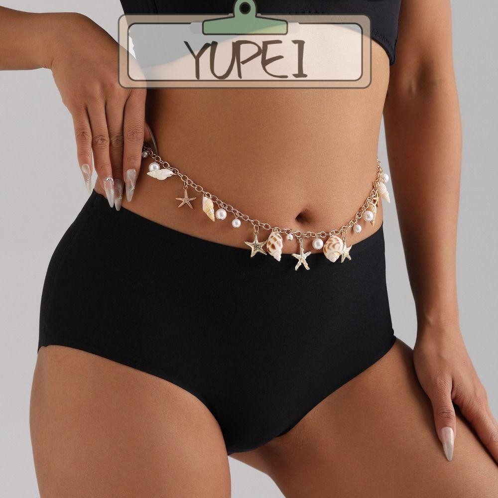 Yupei ห่วงโซ่เอว, Bohemian เลียนแบบ Pearl Body Chain, แฟชั่นบิกินี่ชายหาด Conch Hollow Out Shell เอว Link สําหรับผู้หญิง