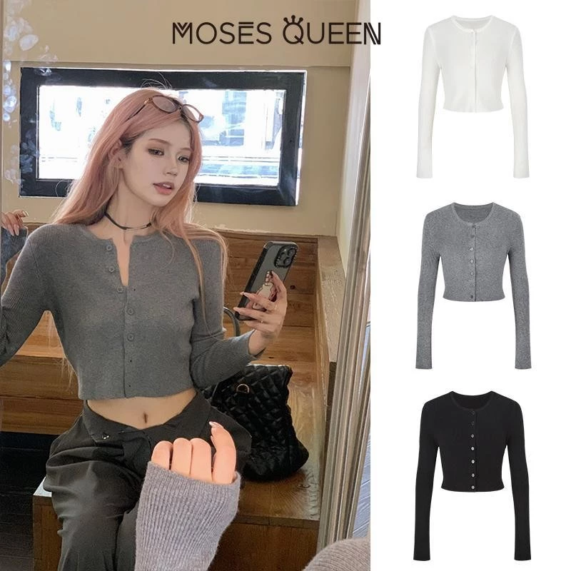 MOSESQUEEN เสื้อสเวตเตอร์ถักกระดุมใหม่ปุ่มท้องสั้น บาง และบาง เครื่องเทศ สาว สูงสุด เสื้อแจ็กเกต #59259