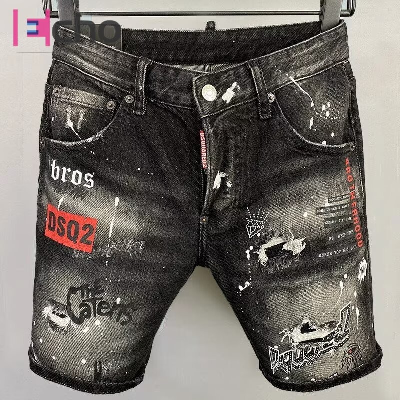 Echo Ridge กางเกงยีนส์ขาสั้นผู้ชาย Summer Ripped Splashed Ink Printing Slim Fit All-Matching