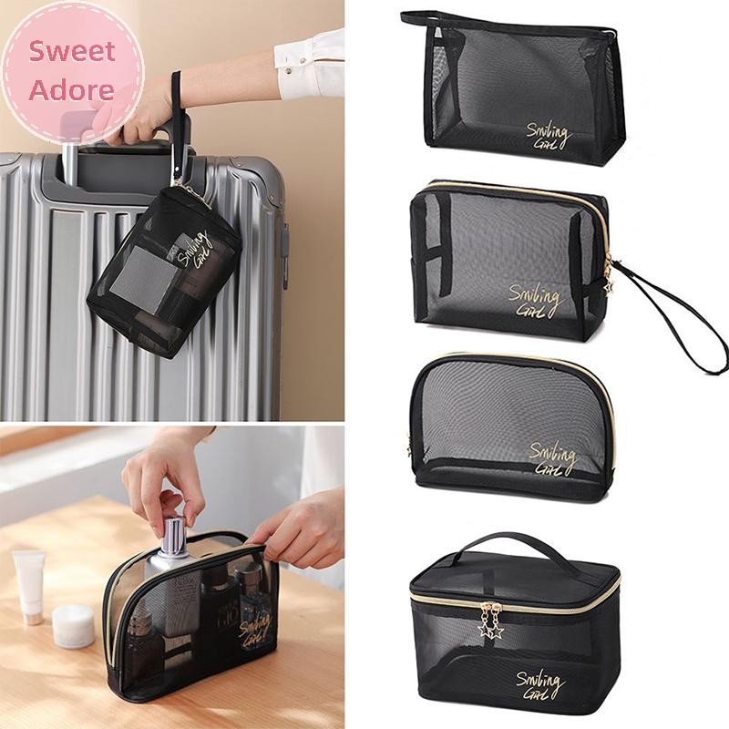 Sweetadore สีดําตาข่ายกระเป๋าเครื่องสําอางกระเป๋าเดินทางสะดวกกระเป๋าห้องน้ํากระเป๋าเดินทางกลางแจ้งผู้หญิงแต่งหน้ากรณีกระเป๋าซิปใหม่ TH