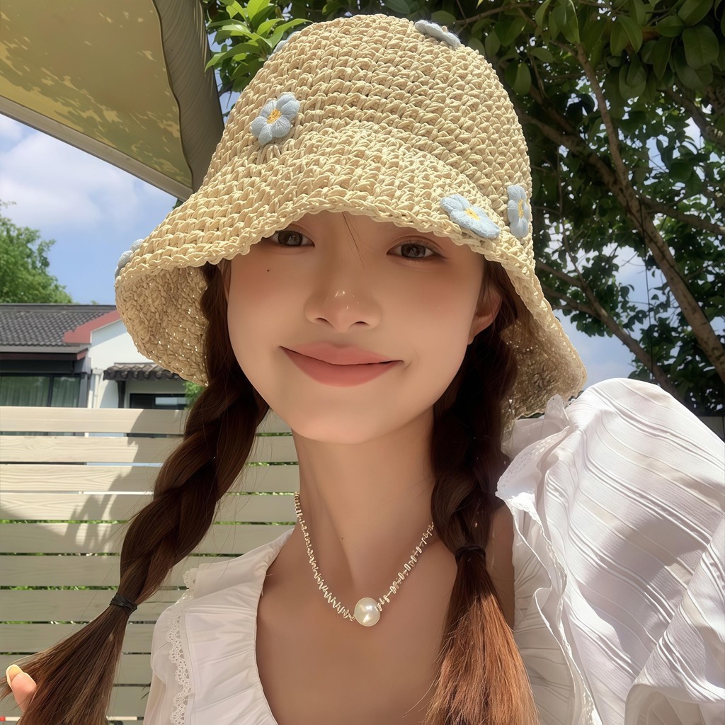 หมวก ลวดลายดอกไม้🌼 การทอแบบกลวง หวานและน่ารัก💕 สไตล์อภิบาล หมวกบักเก็ตฟาง