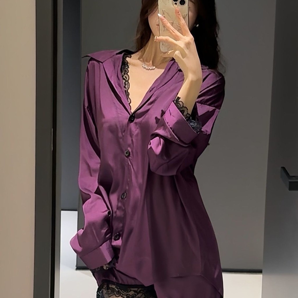 สไตล์ตะวันตกร้อนขายชุดนอนเย็บลูกไม้แขนยาว+กางเกงขาสั้นผ้าไหมน้ําแข็งฤดูร้อน ชุดลําลอง ชุด/ขนาด: หนึ่งขนาด 40-70กิโลกรัม