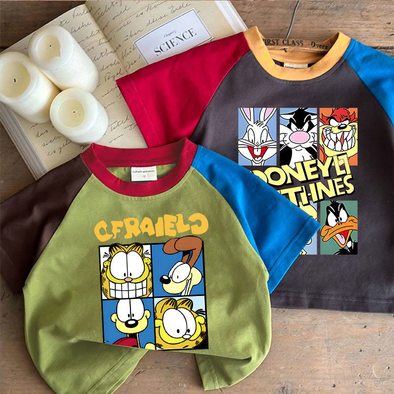 ฤดูร้อนใหม่ เสื้อยืดแขนสั้นผ้าฝ้ายแท้สำหรับเด็ก เสื้อยืดลายการ์ตูนสำหรับเด็กผู้ชาย เสื้อยืดแขนสั้นแบบแพทช์เวิร์ค เสื้อเด็กผู้หญิงที่มีสไตล์