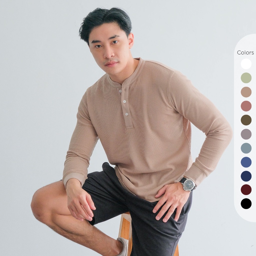 Isla for Men (BIG SIZE) เสื้อยืดคอ Smith Waffle Henley แขนยาว - เสื้อแขนยาวผู้ชาย - เสื้อผ้า Eid ผู้