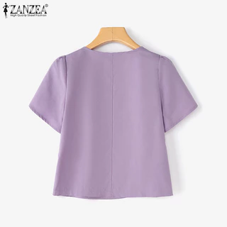 ZANZEA ผู้หญิงเกาหลี Elegant V คอกลีบแขนสีทึบเสื้อไม่สม่ําเสมอ