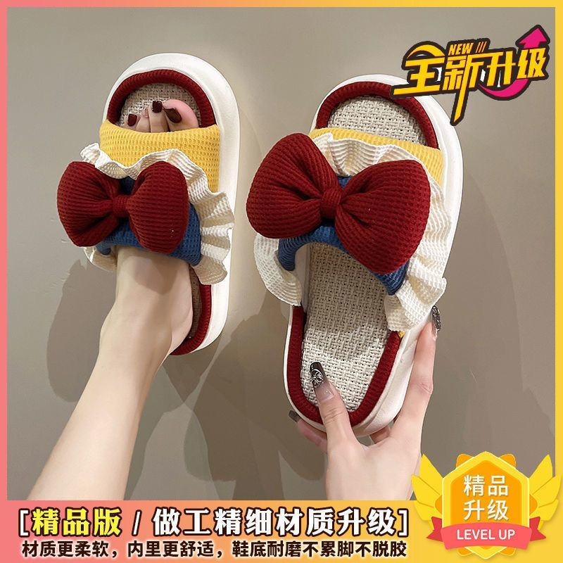 [10,000 คอลเลกชันคน] รองเท้าแตะเจ้าหญิงผ้าลินินสไตล์ใหม่เด็กทารกน่ารักบ้านในร่มใบ้สี่ฤดูกาลโบว์กันลื่นผ้าฝ้ายผ้าลินินครัวเรือน 54คุณ