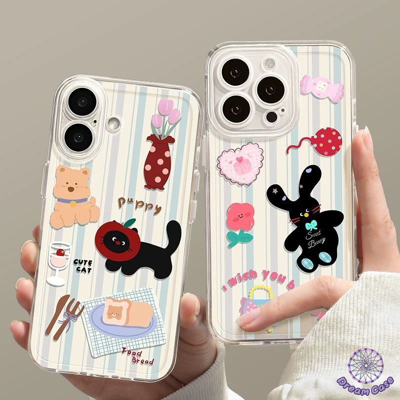 ลายดอกไม้กระต่ายลูกแมวโปร่งใสนุ่ม เคส IPhone 11 16 15 13 14 12 Pro Max 7Plus XR X XS Max 7 8 14 15 16 Plus SE 2020