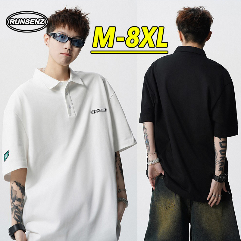 M-8XL เสื้อโปโลสีดําสไตล์เกาหลีผู้ชายขนาดบวกเสื้อยืดเรียบง่ายสบายๆหลวมแขนสั้นด้านบน