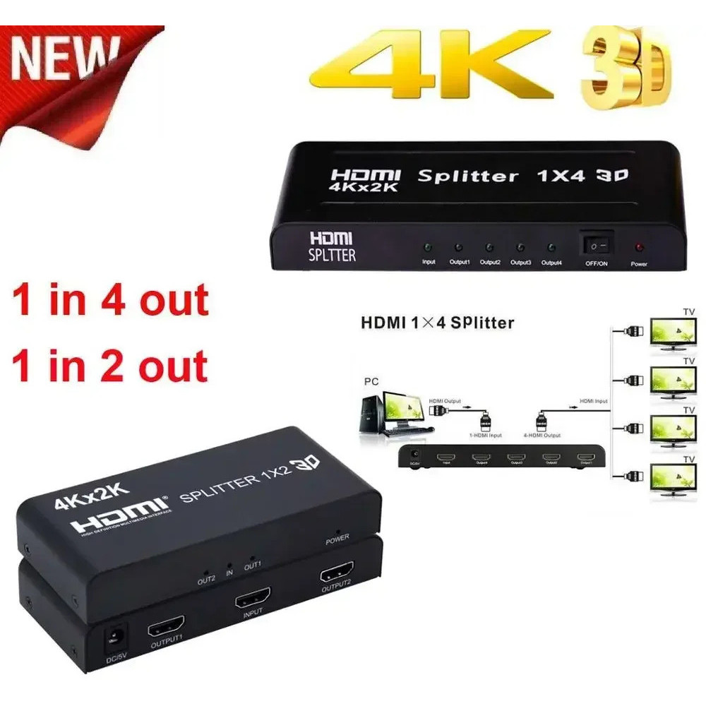 4kx2k 1x2 HDMI Splitter 4k 1X4 3D Video Converter 1080P Video จําหน่ายสําหรับ PS3 PS4 กล่องทีวี DVD 