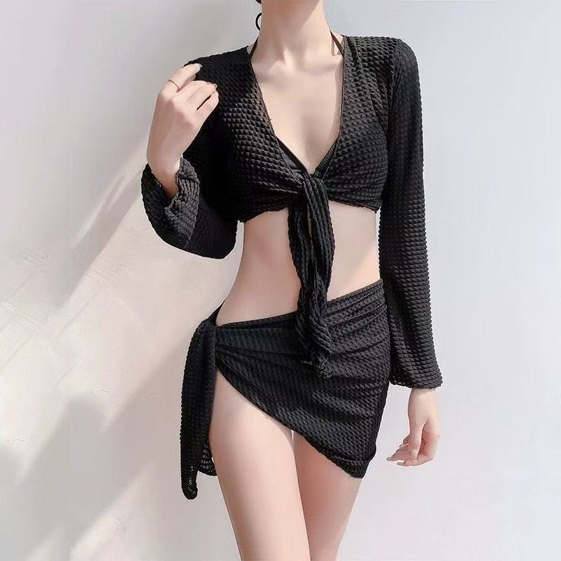 💖 ส่งไวจากไทย🏖️ ชุดว่ายน้ำ 4 ชิ้น ผู้หญิง สไตล์เกาหลี เซ็กซี่ บิกินี่ แขนยาว + กระโปรง ใส่เที่ยวทะเล - รูปที่ 4