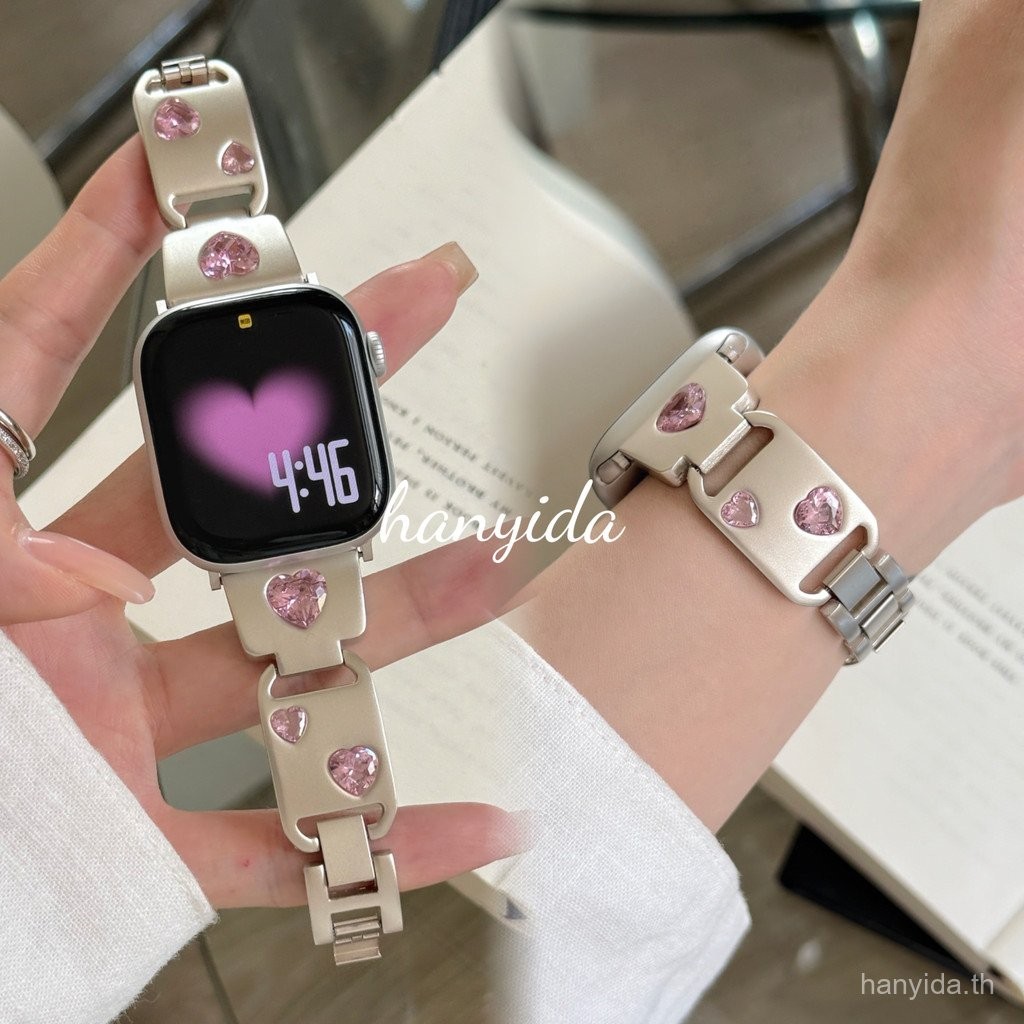 สายนาฬิกาสแตนเลสรูปหัวใจเพชร ใช้ได้กับสาย Apple Watch รุ่น 10 9 8 7 6 5 4 3 2 1 SE, SE2, ขนาดสาย ultra 41mm 45m 44mm 46mm 49mm