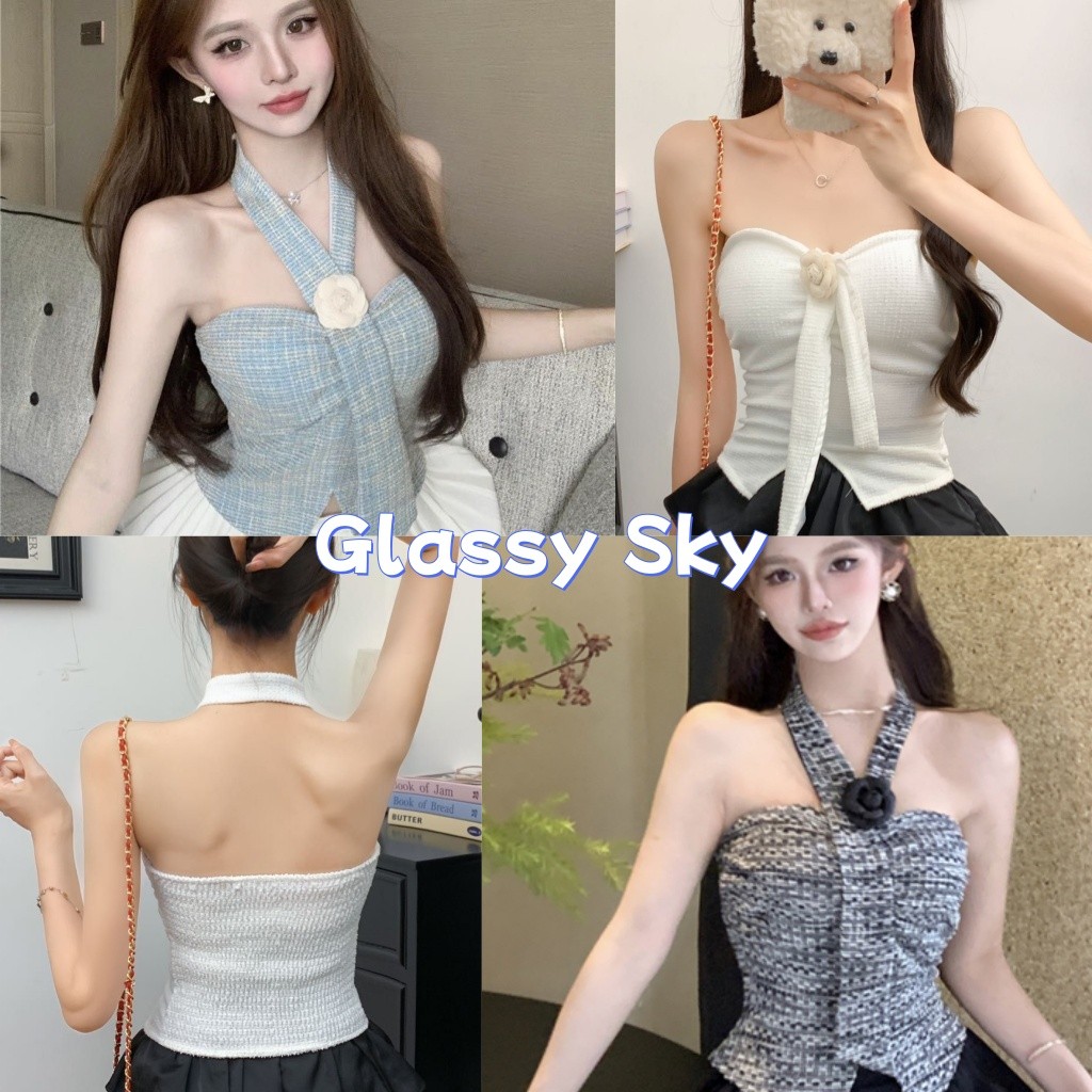 Glassy Sky💖พร้อมส่ง💖 เสื้อเกาะอก เสื้อแฟชั่น มีฟองน้ำ สีพื้น เพิ่มสายคล้องคอแต่งดอกไม้ (FY10101)