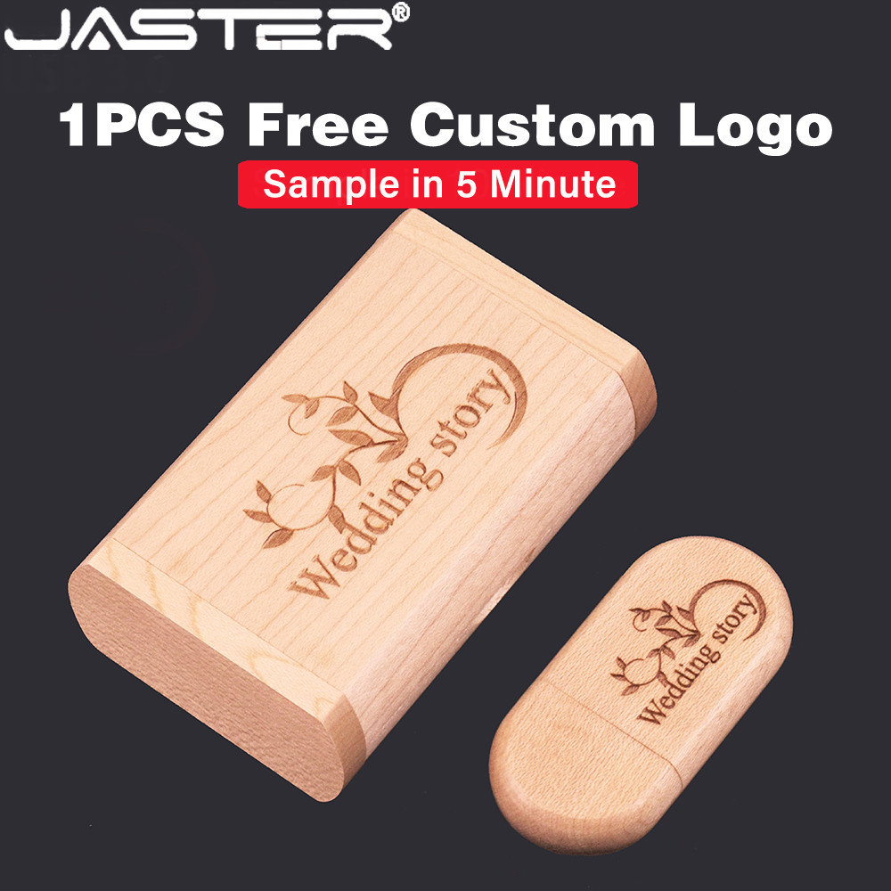 JASTER ฟรีโลโก้ที่กําหนดเอง USB 2.0 แฟลชไดรฟ์ 64GB ไม้พร้อมกล่อง Pendrives 32GB ของขวัญแต่งงานปากกาไดรฟ์ 16GB เลเซอร์แกะสลัก