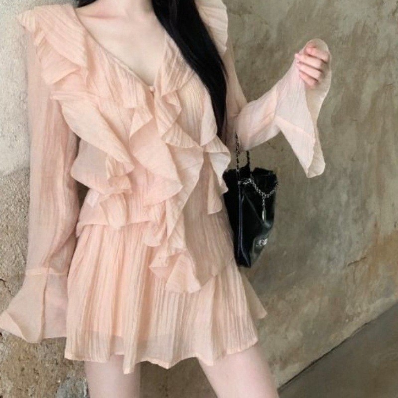 Lovito ชุดเซต เสื้อ กระโปรงกางเกงขาสั้น มีซับใน แต่งระบาย สีพื้น สไตล์ลำลอง L61AD100 (เสื้อ/กระโปรง)