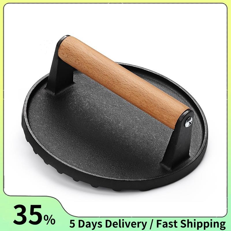 Burger Press 7 นิ้วเหล็กหล่อกลม Smash Bacon กดสเต็กเนื้อด้ามไม้สําหรับแซนวิช, กระทะนอนสติ๊ก