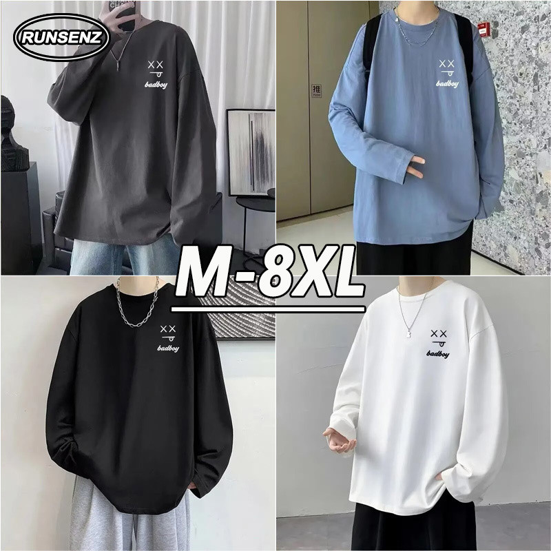 M-8xl สไตล์ขี้เกียจสีฟ้าแขนยาวผู้ชาย Plus ขนาด T เสื้อลําลองหลวมรอบคอ Oversize Tee