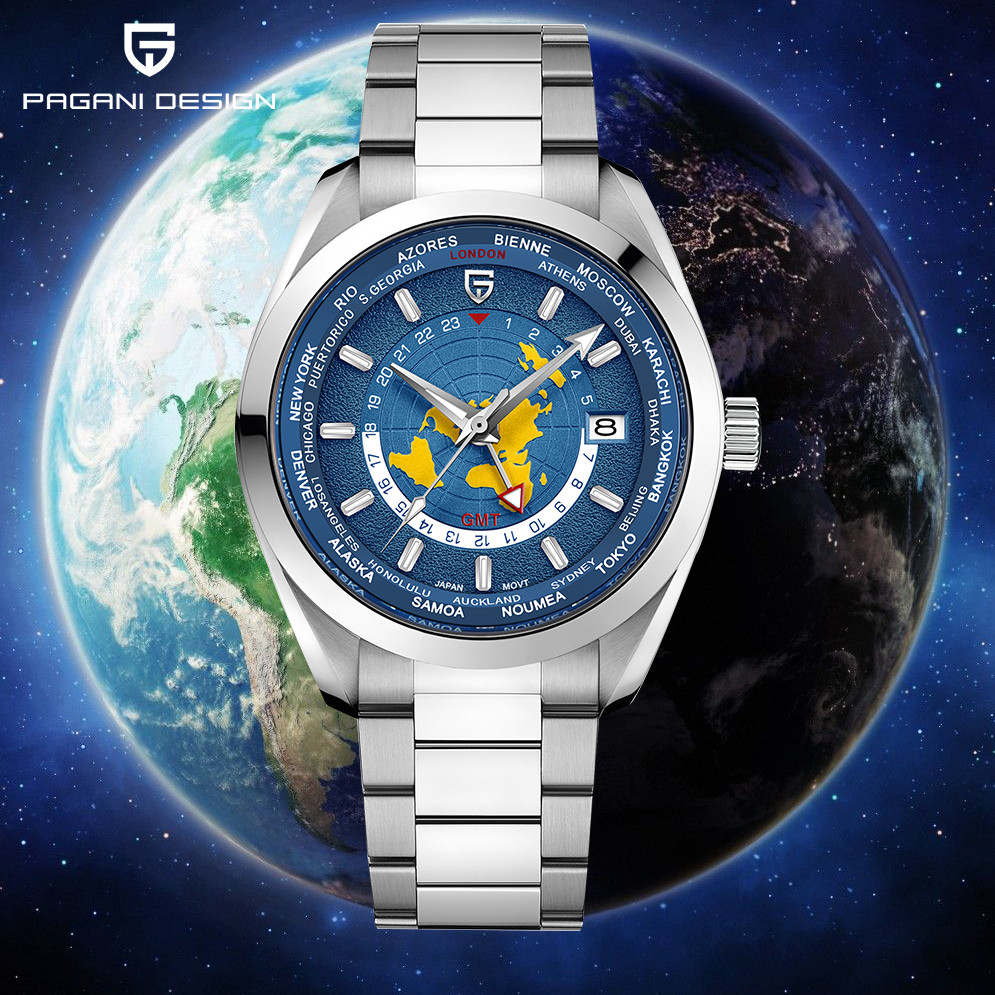 PAGANI DESIGN ต้นฉบับผู้ชายเต็มอัตโนมัตินาฬิกากลไก GMT แซฟไฟร์แก้ว 100M สแตนเลสวงญี่ปุ่น NH34A ผู้ชายอัตโนมัตินาฬิกา PD-1788