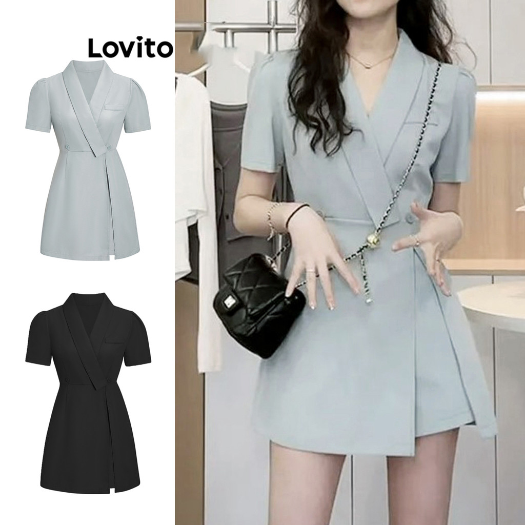 Lovito ชุดเดรสผู้หญิง แต่งสองชั้น สีพื้น หรูหรา L68ED183 (หลากสี)
