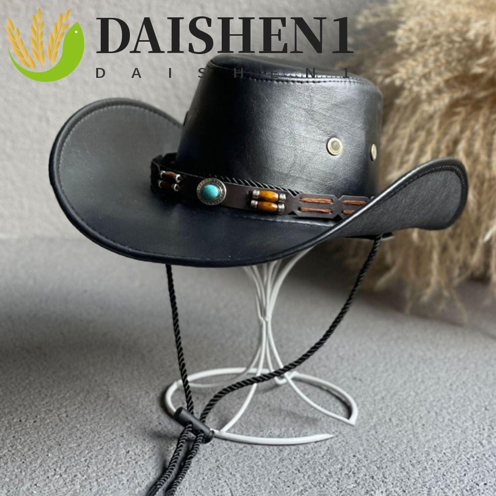 Daishen1 หมวกคาวบอยแจ๊สหมวก Cowgirl หมวกแฟชั่น Drawstring หนังเทียม Big Brim Travel เดินป่าสําหรับผู้หญิงหมวกชาวประมง